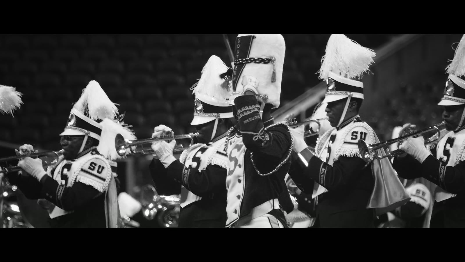 Trumpet line mid-performance, HBCU Celebration Bowl · photograph by Jeff Smith
